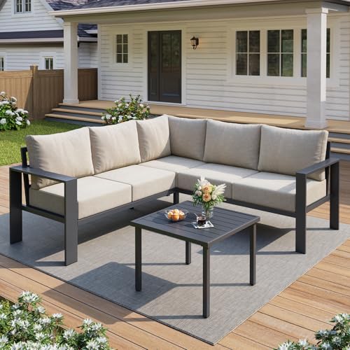 6 Piece Patio Furniture Set, Metal Outdoor Sectional Sofa with 6" Thick Olefin Cushions, Wide Armrest & Coffee Table, L Shaped Outdoor Furniture for Garden, Backyard Beige