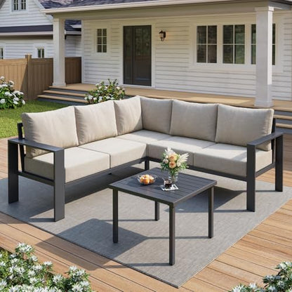 6 Piece Patio Furniture Set, Metal Outdoor Sectional Sofa with 6" Thick Olefin Cushions, Wide Armrest & Coffee Table, L Shaped Outdoor Furniture for Garden, Backyard Beige