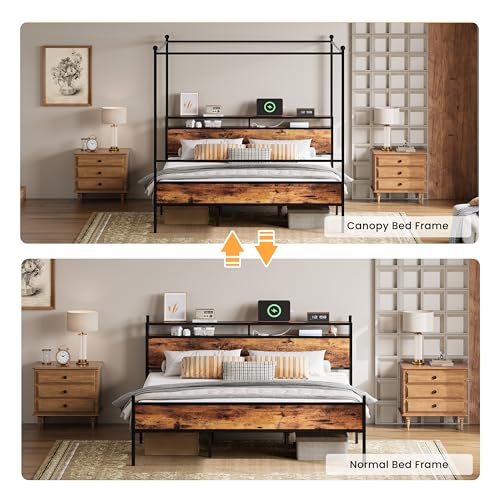 Canopy Bed Frame King with Storage Headboard & Charging Station, view 7
