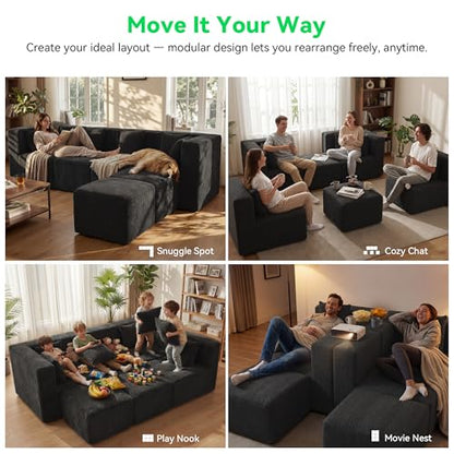 130'' Oversized Boneless Sectional Couches for Living Room, 6-Seat U Shaped Cloud Couch, Modular Sofa with Ottoman & 6 Throw Pillows, Comfy Chenille, No Assembly Required, Black