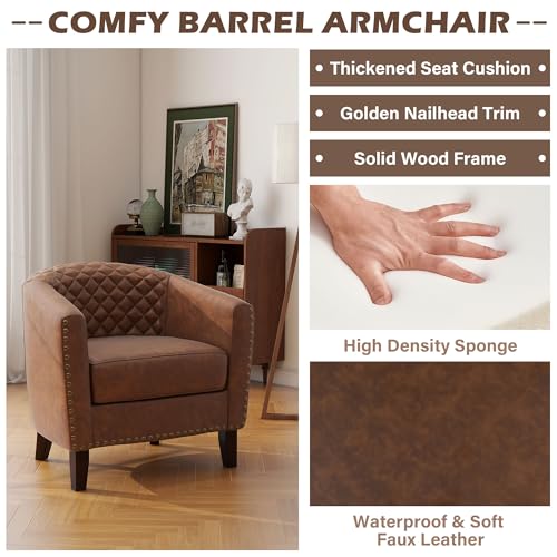Faux Leather Barrel Accent Chairs Set of 6, Modern Club Upholstered Arm Chair, Comfy Armchair Nailed Trim Living Room Single Sofa Reading Seat Bedroom Side Sitting for Office, Brown