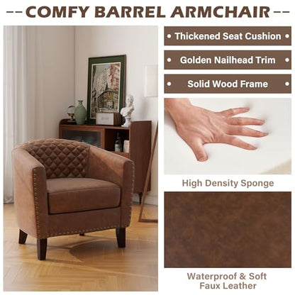 Faux Leather Barrel Accent Chairs Set of 6, Modern Club Upholstered Arm Chair, Comfy Armchair Nailed Trim Living Room Single Sofa Reading Seat Bedroom Side Sitting for Office, Brown