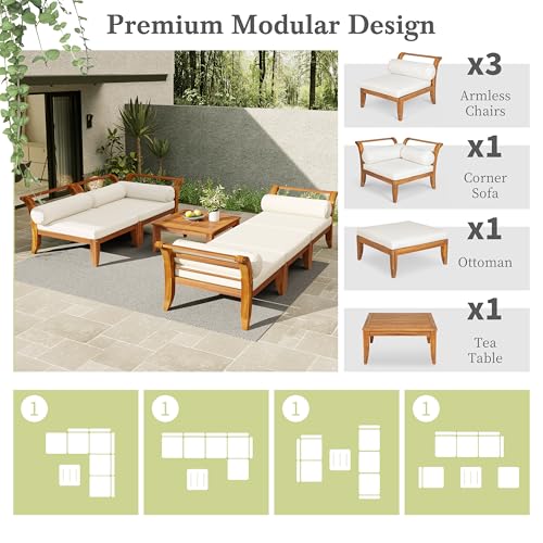 6 Pieces Patio Furniture Set, Outdoor L-Shaped Sectional Sofa Set with Coffee Table, Acacia Wood Conversation Seating & Cushions and Lumbar Pillows, for Garden, Poolside and Backyard, Teak+Beige