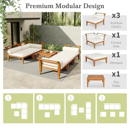 6 Pieces Patio Furniture Set, Outdoor L-Shaped Sectional Sofa Set with Coffee Table, Acacia Wood Conversation Seating & Cushions and Lumbar Pillows, for Garden, Poolside and Backyard, Teak+Beige