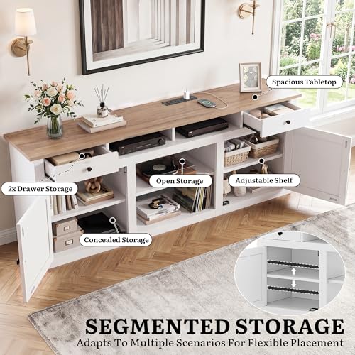 Farmhouse TV Stand with Power Outlet for 80 Inch TVs, White&Walnut, view 5