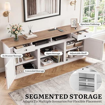 Farmhouse TV Stand with Power Outlet for 80 Inch TVs, White&Walnut, view 5