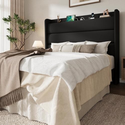 Storage Queen Bed Frame with Charging Station Headboard, Black, view 2