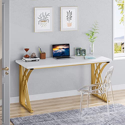 55’’ Large Modern Computer Desk, White & Gold Luxury Laptop PC Student Table, Makeup Vanity Table with Thick Frame & Strong Legs, Sturdy Writing Workstation for Home & Office