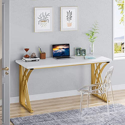 55’’ Large Modern Computer Desk, White & Gold Luxury Laptop PC Student Table, Makeup Vanity Table with Thick Frame & Strong Legs, Sturdy Writing Workstation for Home & Office
