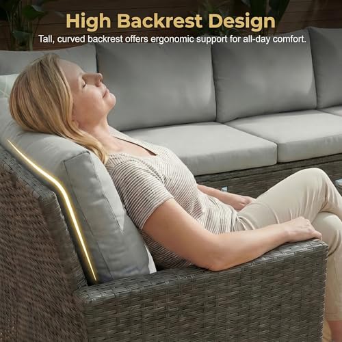 7 Piece Patio Furniture Set, High Curved Back Wicker Outdoor Dining Set, All Weather Patio Sectional, Outdoor Furniture Patio Conversation Set with Ottoman, Ash Gray