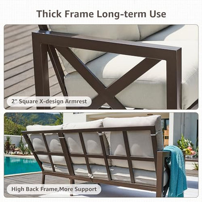 6 Pieces Patio Furniture Sets, Metal Outdoor Sectional Furniture L Shape Patio Conversation Sets,Highback Frame,Metal Table,Large Waterproof Cover, 6.5" Olefin Cushions