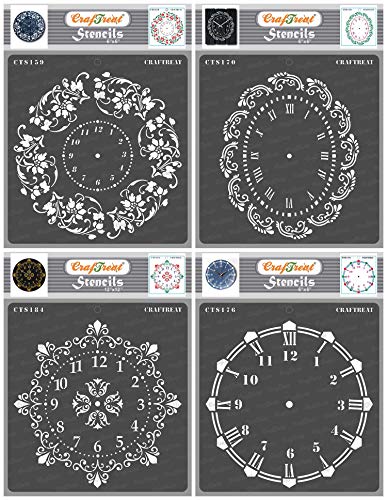 Doily Clock Stencils for Painting on Wood, Canvas, Paper, Fabric, Wall and Tile - Floral Clock, Oval Doily, Ornate Clock and Wall Clock - 4 Pcs - 6x6 Inches Each - Reusable DIY Stencils