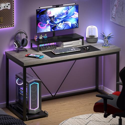 Modern Home Office Desk, Industrial Vintage Computer Desk, Rustic Wood and Metal Study Writing Table, Simple Work Gaming PC Desks for Bedroom Living Room, Light Grey 53 Inch