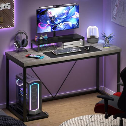 Modern Home Office Desk, Industrial Vintage Computer Desk, Rustic Wood and Metal Study Writing Table, Simple Work Gaming PC Desks for Bedroom Living Room, Light Grey 53 Inch