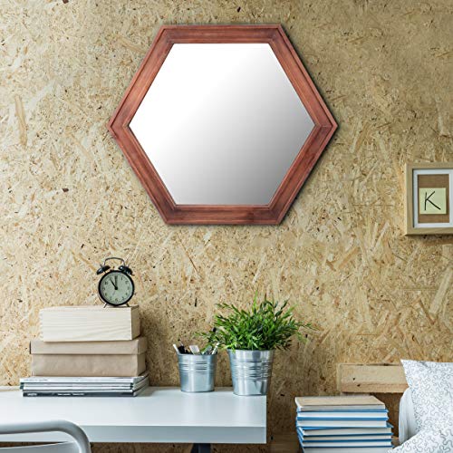 Decorative 24" Hexagon Wall Mirror with Redwood Frame and Attached Hanging Bracket, Decorative Country Rustic Decor for The Living Room, Bedroom, Bathroom, Hallway, and Entryway