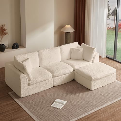 110" Cloud Sectional Couches for Living Room, Convertible L Shape Couch with Ottoman, 3 Seater Modular Sectional Sofa, Warm White Beige