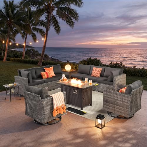 11 Piece Outdoor Patio Furniture Set with Fire Pit Table,Conversation Sectional Wicker Couch with Swivel Chairs,Modern Outside Sofa for Balcony Backyard, Black