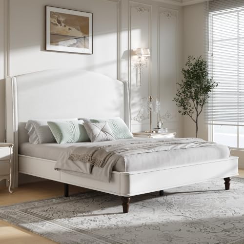Queen Bed Frame, 52" Elegant Wingback Headboard, Beige, view 4