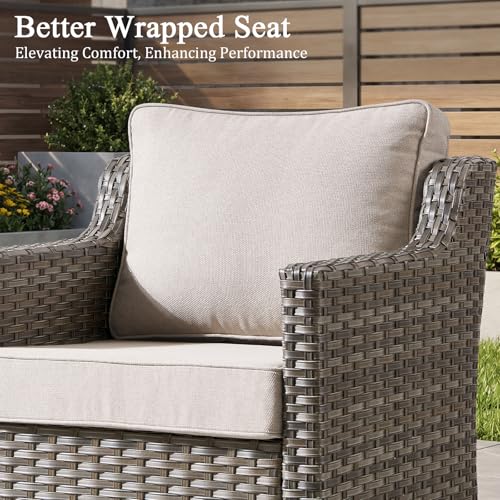 Luxury Patio Furniture Chairs Set - 2 Pieces All Weather Wicker Outdoor Couch and High Back Swivel Rocker Patio Chairs for Deck Yard and Poolside Gray Wicker | Beige Cushions