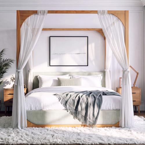 King Size Upholstered Canopy Bed with Light Grey Fabric Headboard&Side Rail, view 4