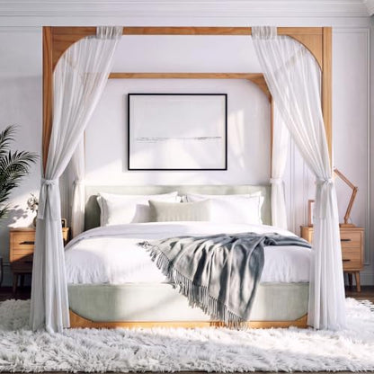 King Size Upholstered Canopy Bed with Light Grey Fabric Headboard&Side Rail, view 4