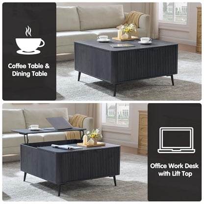 Large Lift Top Coffee Table with Hidden Compartment, 35.4" Wide Oversized Square Coffee Table with Storage, Mid Century Modern Fluted Center Table for Home Living Room, Black Grey