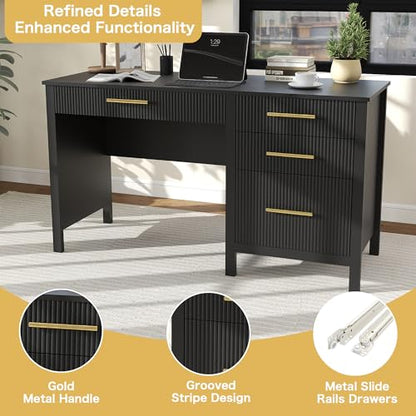 Executive Desk with Drawers: 54" Black Home Office Desks with File Drawer, view 5