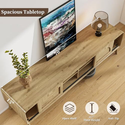 70" Mid Century TV Stand for Living Room w/Sliding Barn Door, Oak, view 5