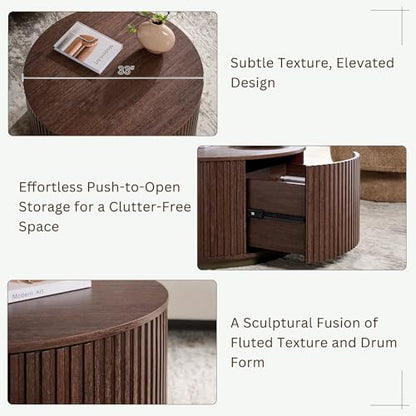 33" Round Coffee Table with Storage, Natural Walnut | Fluted Drum Coffee Table, Hidden Push-to-Open Drawer