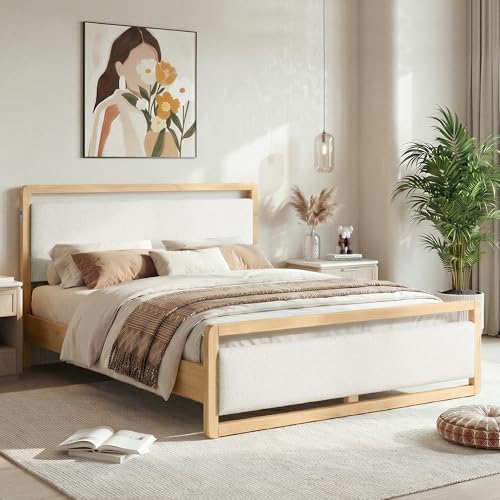 Queen Wood Platform Bed Frame with Boucle Upholstered Headboard, view 2