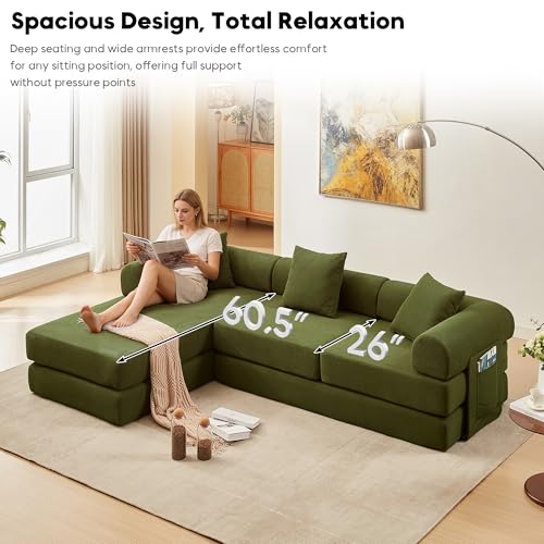 L Shaped Modular Sofa Bed with Cylindrical Pillow & Reversible Chaise, Corduroy Folding Floor Convertible Sofa Couch Bed with Fixed-Shape Frame & Storage Pocket for Living Room, Green