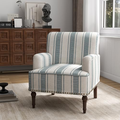 Stripe Accent Chairs Set of 2, Living Room Arm Chair Modern Nailhead Trim Club Armchair, Comfy Upholstered Sofa Lounge Seat Reading Seat Bedroom Side Seating for Home Office, Blue