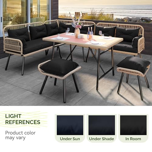 L-Shaped Patio Furniture Set, All-Weather Rattan Outdoor Conversation Sofa with Soft Cushions, Ottomans & Plastic Wood Dining Table for Backyard Deck, Light Brown + Black