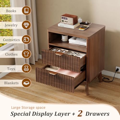 Fluted Nightstand with Charging Station, 19.7 inch Wide End Table with 2 Drawers, Modern Wood Bedside Table for Bedroom,Brown,1 Pcs