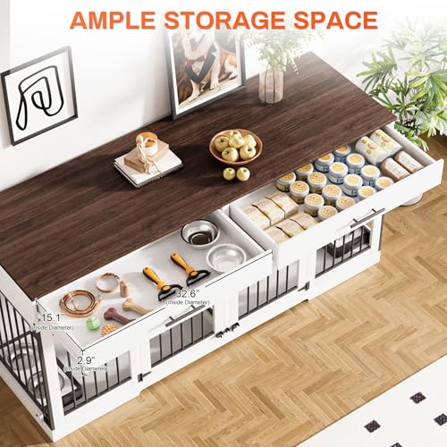72" Double Dog Crate Furniture with Drawers and Divider, White, view 4