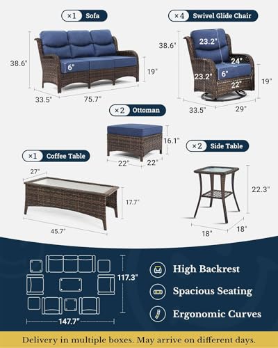 Luxury Outdoor Patio Furniture Set with 6-Inch Thick Cushions, High Back Wicker Swivel Rocker Chairs, 10 Pcs All Weather Furniture Set for Large Deck, Yard and Poolside, Blue (V3)