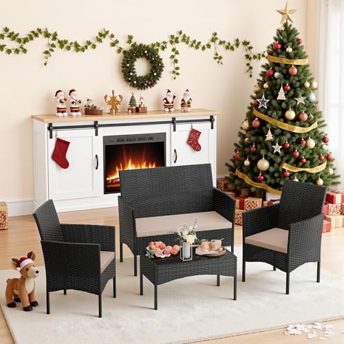 4 Pieces Patio Furniture Set Outdoor Conversation Set Rattan Furniture Set Wicker Chairs and Sofa with Glass Table for Porch Pool Backyard Garden Sand