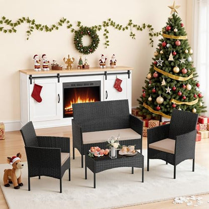 4 Pieces Patio Furniture Set Outdoor Conversation Set Rattan Furniture Set Wicker Chairs and Sofa with Glass Table for Porch Pool Backyard Garden Sand