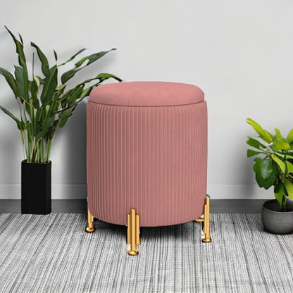Round Ottoman Foot Stool with Storage and Metal Legs for Living Room Bedroom, Velvet Upholstered Footrest Stool Support 300lbs Modern Padded Seat Ottoman Coffee Table (Dusty Rose)