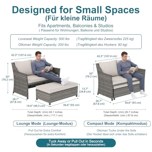 2-Piece Outdoor Patio Furniture Wicker Love-seat and Coffee Table Set, with Built-in Storage Bin, Grey Rattan, Beige Cushions