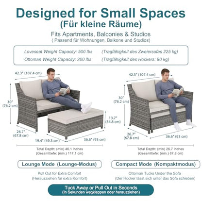 2-Piece Outdoor Patio Furniture Wicker Love-seat and Coffee Table Set, with Built-in Storage Bin, Grey Rattan, Beige Cushions
