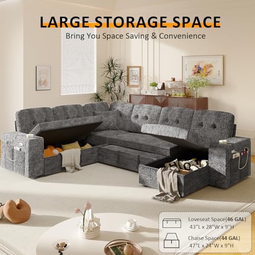Modular Sectional Sleeper Sofa with Pull Out Bed, 108 Inch U Shaped 7 Seat Couches for Living Room, Chenille Fabric Cloud Couch Bed with Storage & Reclining Backrest, USB Charging, Grey