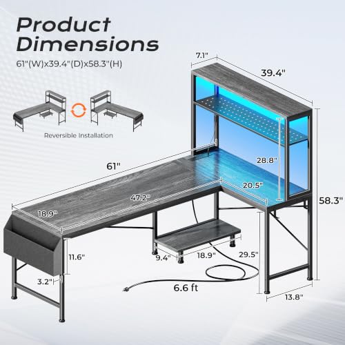 L Shaped Gaming Desk with LED Lights & Power Outlets, view 4
