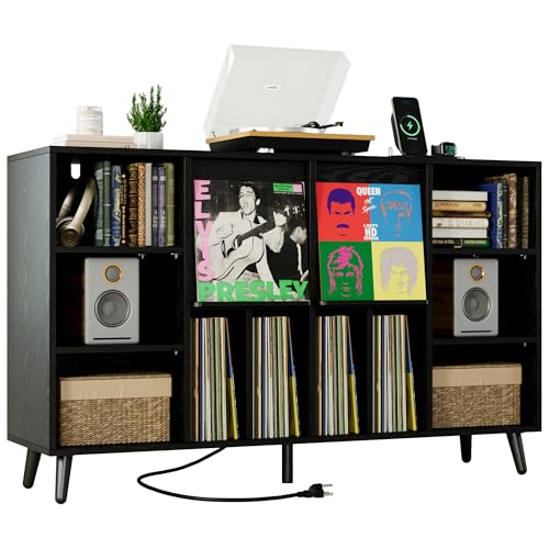 Record Player Stand with Charging Station, 55" Holds 450+ Albums, view 2