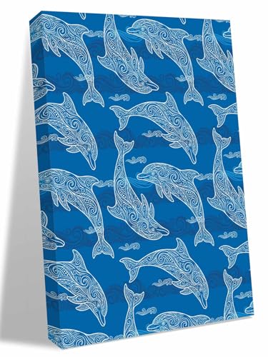 NuYeBiofx Summer Ocean Blue Dolphin Canvas Wall Art Prints,48"x32" Framed Picture Artwork Abstract Waves Texture Printed Canvas Oil Painting for Living Room Bedroom Office,Ready to Hang
