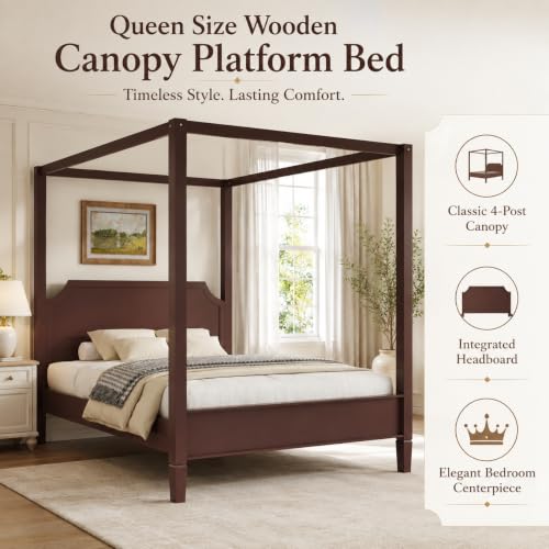 Walnut Queen Size Canopy Bed Frame Solid Wood 4 Poster Canopy Bed, view 5