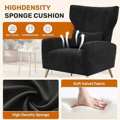 Velvet Accent Chair Wingback for Living Room, High Back Arm Chair with Golden Legs Lumbar Pillow, Upholstered Single Sofa Bedroom Black