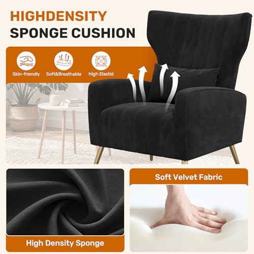 Black Velvet Accent Chair Set of 2, Wingback Chair for Living Room, High Back Arm Chair with Golden Legs Lumbar Pillow, Upholstered Single Sofa Bedroom