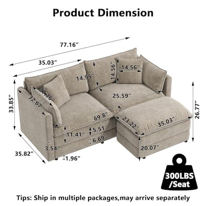 Modular Sectional Sofa Modern Convertible Loveseat Couch,77.16 Inch Deep 2-Seater Sofas Comfy Chenille Cloud Sofas and Couches Set with Movable Ottoman for Living Room Apartment（Camel）