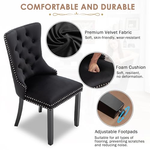 Velvet Dining Chairs Set of 4, Upholstered Dining Room Chairs with Ring Pull Trim and Button Back, Luxury Tufted Dining Chairs for Living Room, Bedroom, Kitchen (Black)